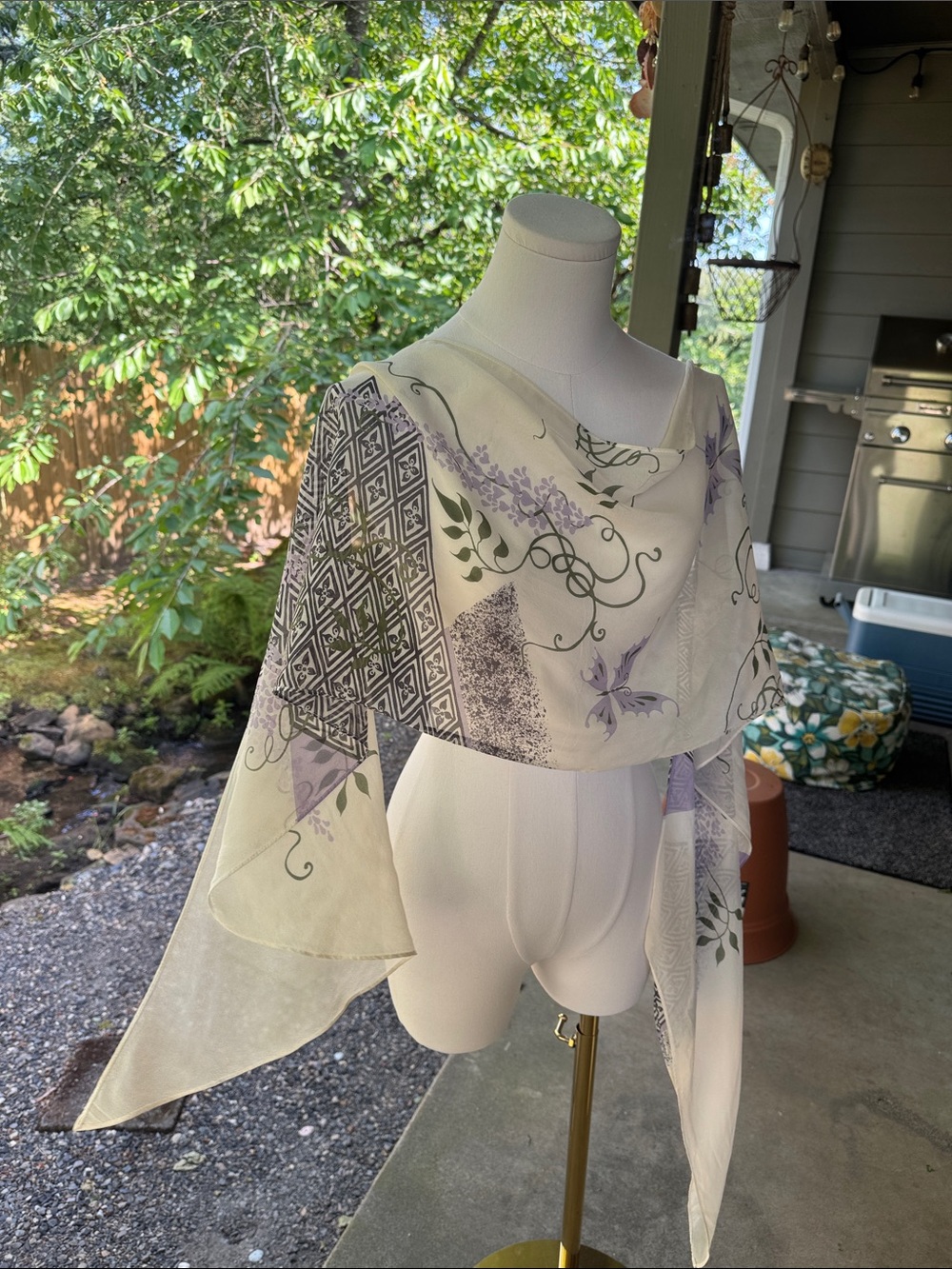 Sheer Floral Scarf in Cream and Lavender - Picture 2 of 5